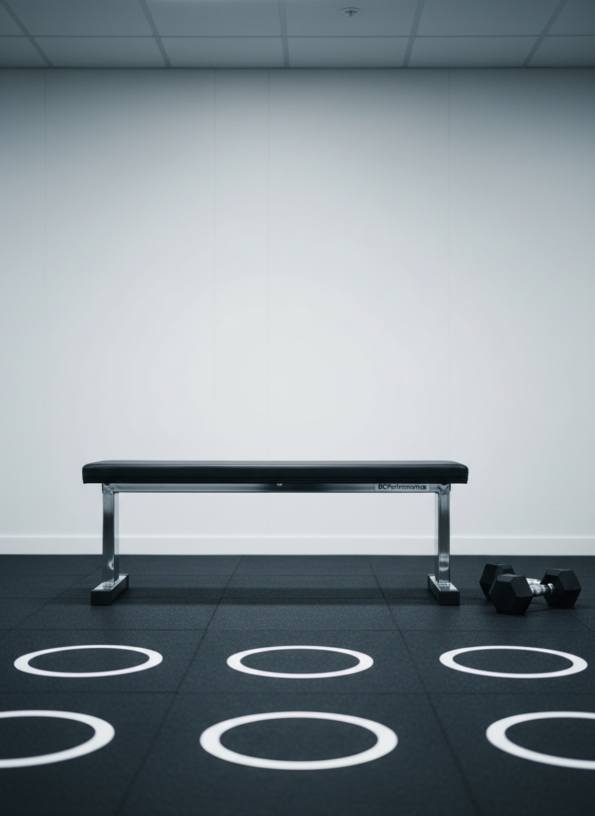 A carefully arranged training zone featuring a single flat weight bench with a smooth black upholstery surface and understated chrome legs, positioned perfectly parallel to a set of evenly spaced floor markers on a dark rubber floor. Nearby, a pair of mid-weight dumbbells rests with their hexagonal edges aligned. The backdrop is a clean, off-white wall with subtle vertical panel lines, evoking a structured, corporate training environment. Cool, diffused overhead lighting creates soft, even illumination with barely-there shadows that emphasize precision and order. Captured from a low, side-on perspective, the bench leading into the frame, with sharp focus and a balanced composition. The overall mood is calm, purposeful, and disciplined, rendered in photographic realism with neutral grays, blacks, and whites conveying BCPerformance’s professional identity.