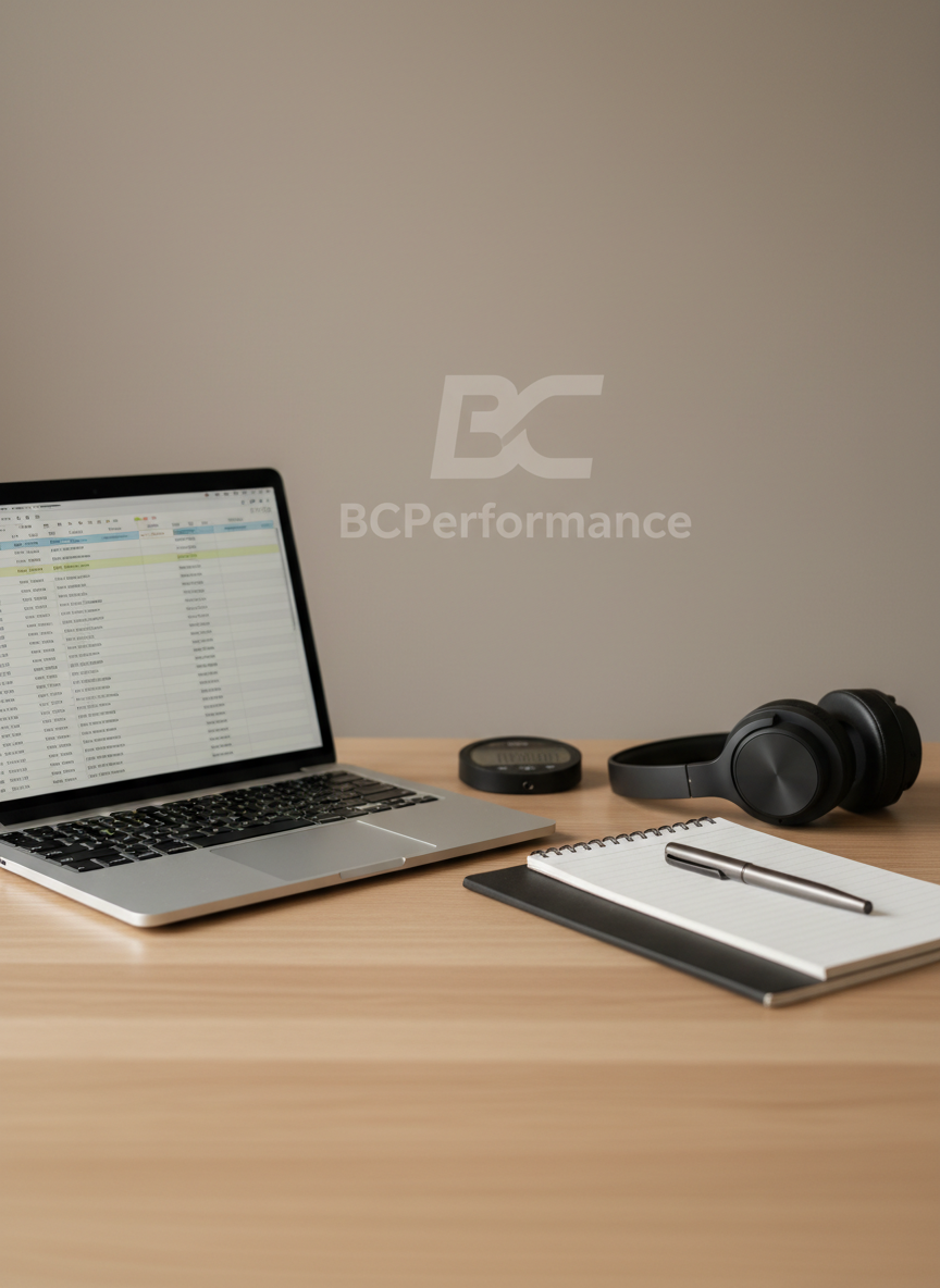 A minimalist strength coach’s programming desk setup, featuring a sleek silver laptop displaying a structured training spreadsheet, a black notebook with a metal pen resting diagonally across it, and a digital stopwatch placed precisely beside a pair of wireless over-ear headphones. The surface is a light oak desk with clean grain patterns, set against a neutral taupe wall with a subtle BCPerformance logo watermark. Soft studio lighting from the left casts controlled shadows and a gentle highlight along the laptop’s edge, enhancing the clean corporate feel. Shot from a slightly elevated angle using the rule of thirds, with shallow depth of field softly blurring the distant background. The mood is focused, organized, and professional, embodying a modern, photographic realism style with calm, neutral tones and a structured layout.