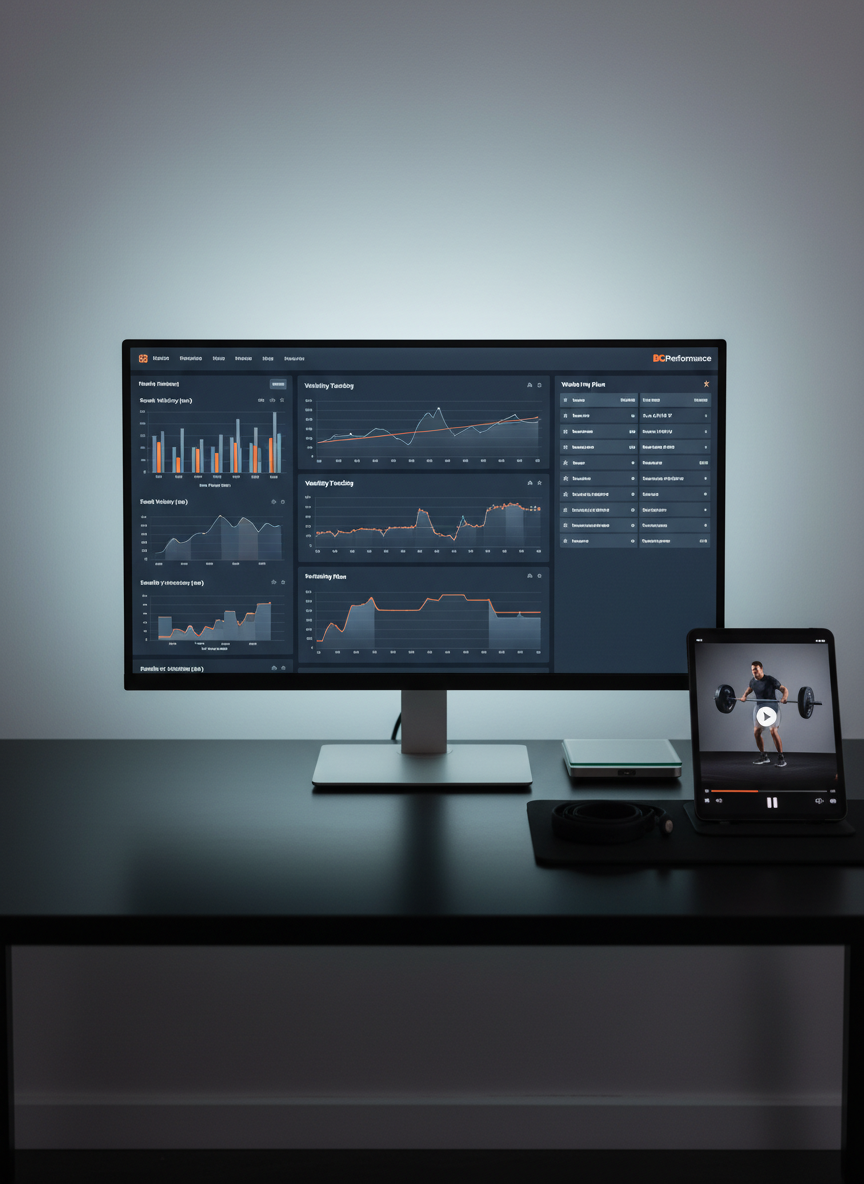 An online coaching concept scene showing a large, thin-bezel monitor on a tidy black desk, displaying detailed strength and conditioning charts, velocity tracking graphs, and a clean weekly training plan interface branded subtly with BCPerformance colors. Beside the monitor lies a compact digital scale, a heart rate monitor strap coiled neatly, and a tablet showing a video thumbnail of a barbell movement, paused mid-frame. The background is a soft gray wall with a faint gradient. Cool, balanced LED desk lighting casts a controlled glow across the workspace, creating gentle reflections on the screen and desk surface. Shot straight-on at eye level, with a centered, structured composition and sharp clarity. The mood is analytical, data-driven, and reassuringly professional, in a modern photographic style with neutral, corporate tones and clean visual hierarchy.